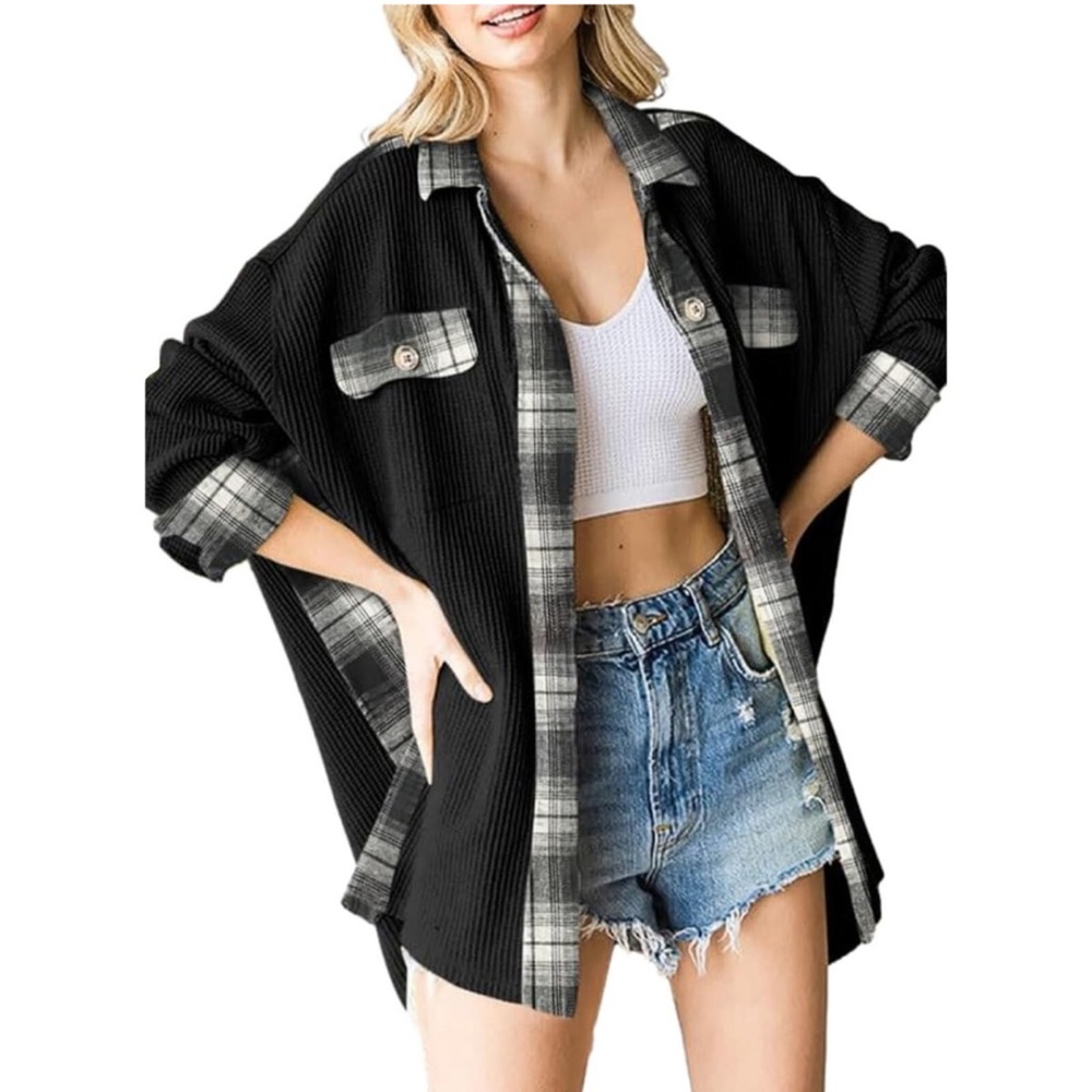 Anrabess Oversized Jersey Flannel Black White Plaid Button Shirt Stretch S NEW
